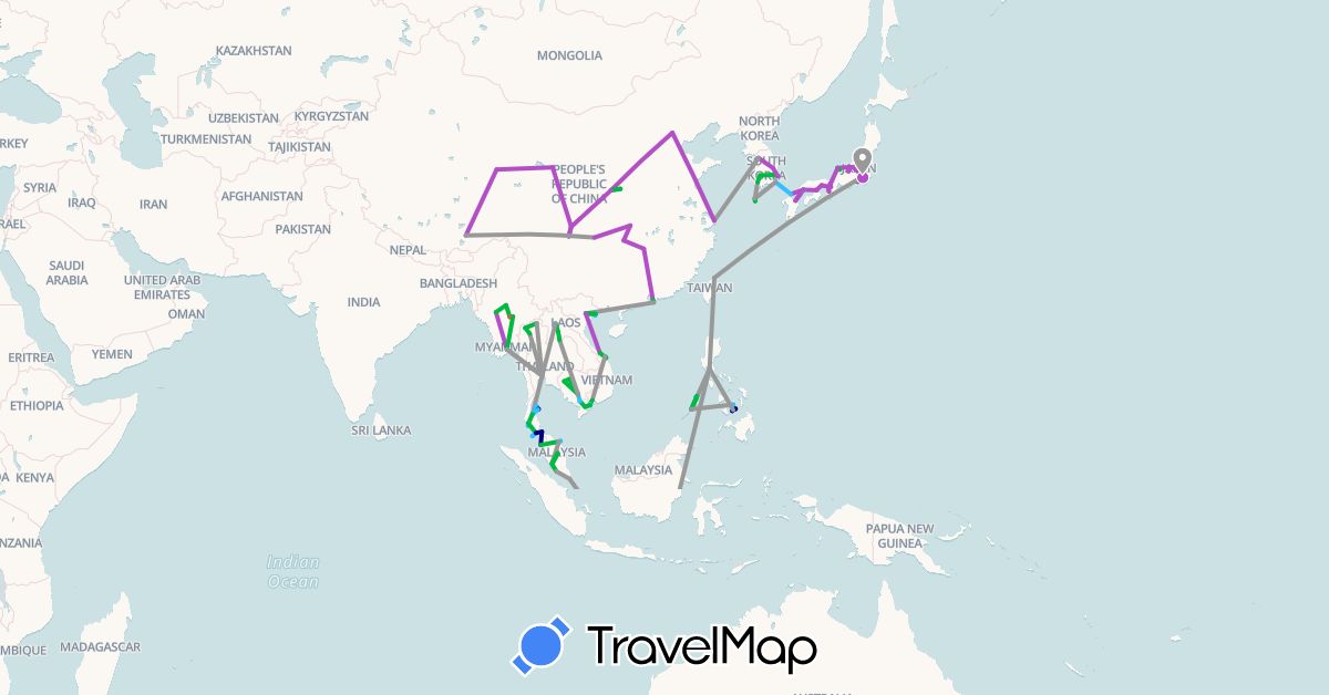 TravelMap itinerary: driving, bus, plane, train, hiking, boat in China, Hong Kong, Indonesia, Japan, Cambodia, South Korea, Laos, Myanmar (Burma), Malaysia, Philippines, Singapore, Thailand, Taiwan, Vietnam (Asia)